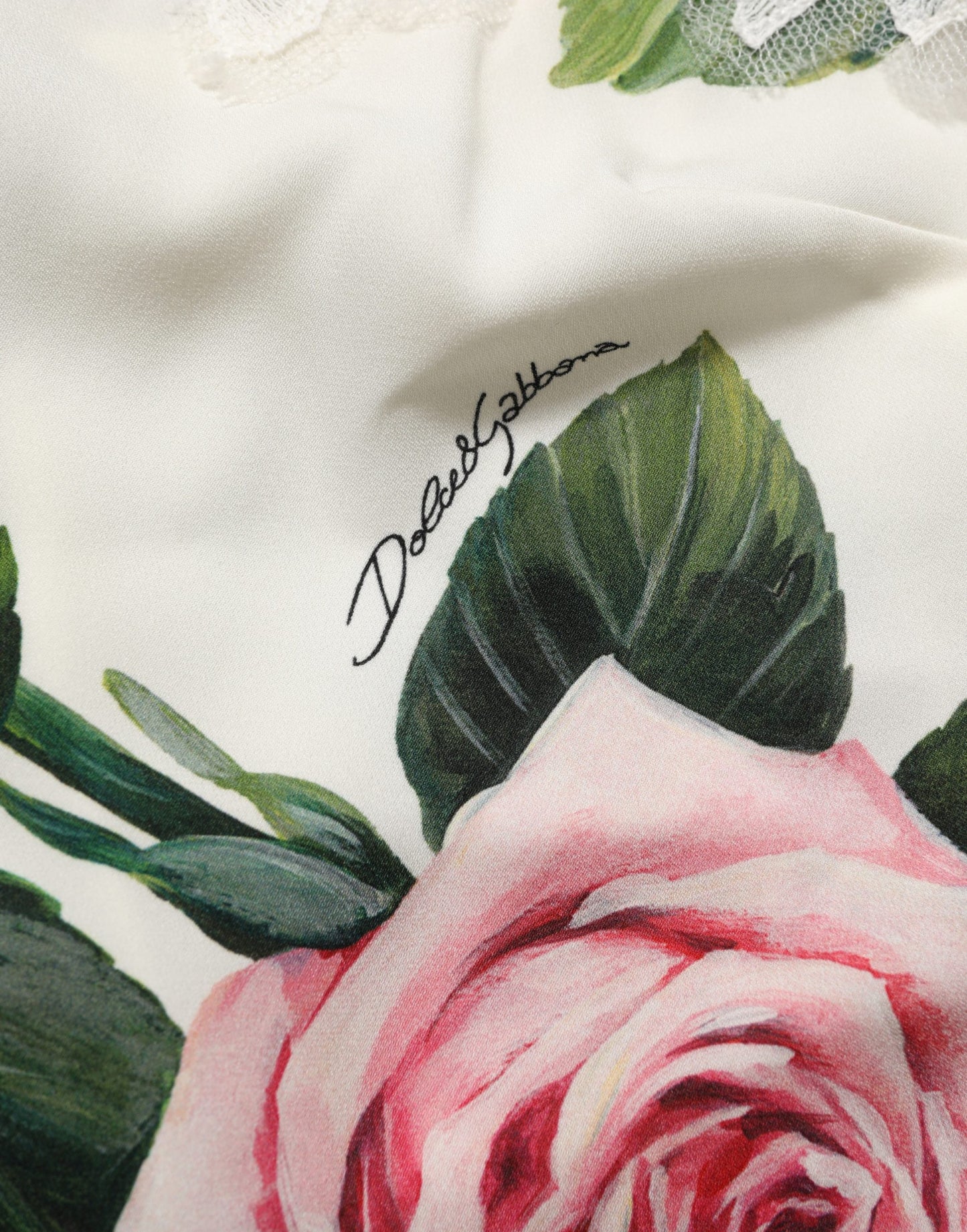 Dolce & Gabbana White Rose Print Lace Silk Camisole Tank Top