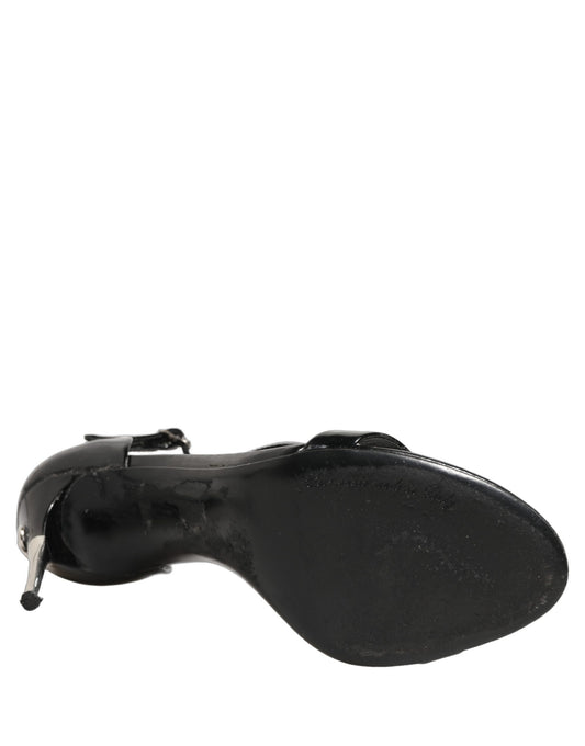 Dolce & Gabbana Black Leather T-strap Heels Sandals Shoes