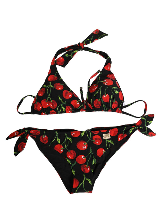 Dolce & Gabbana Black Cherry Print Nylon Bikini 2 Piece Swimwear