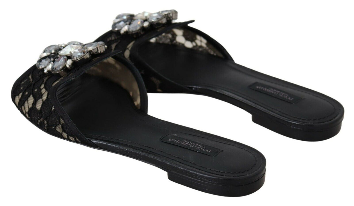 Dolce & Gabbana Black Taormina Lace Slides Crystals Flats Shoes