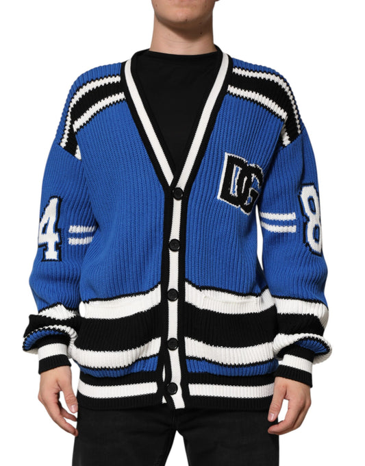Dolce & Gabbana Blue Cotton Logo Patch Ribbed Knit Cardigan Sweater