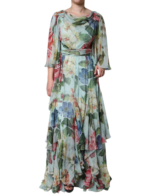 Dolce & Gabbana Blue Floral Print Tiered Long Maxi Dress