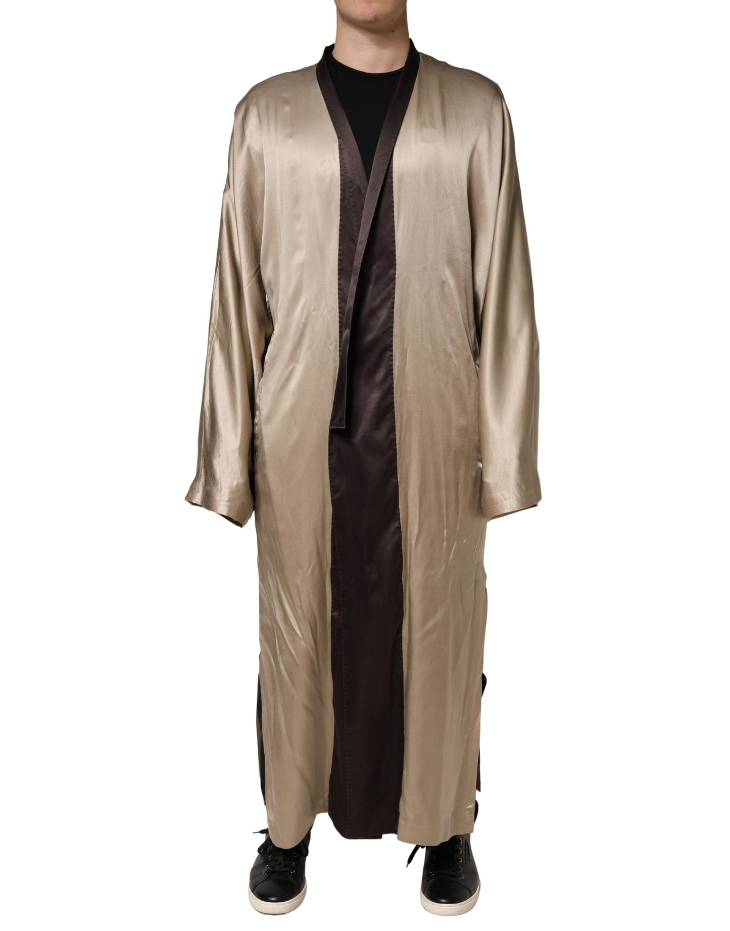 Dolce & Gabbana Beige Silk Satin Long Coat Robe Jacket