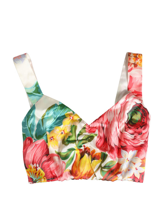 Dolce & Gabbana Multicolor Floral Print Silk Cropped Bustier Top