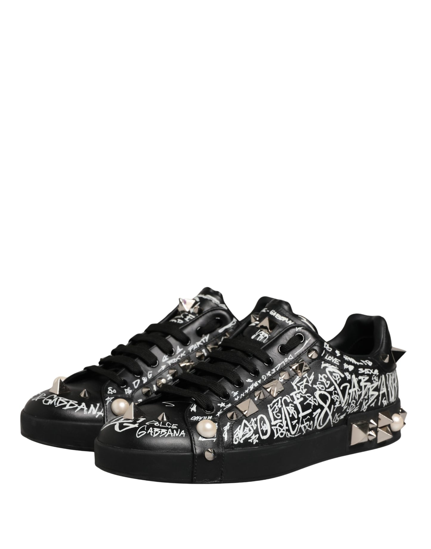 Dolce & Gabbana Black Portofino Graffiti Stud Sneakers Shoes