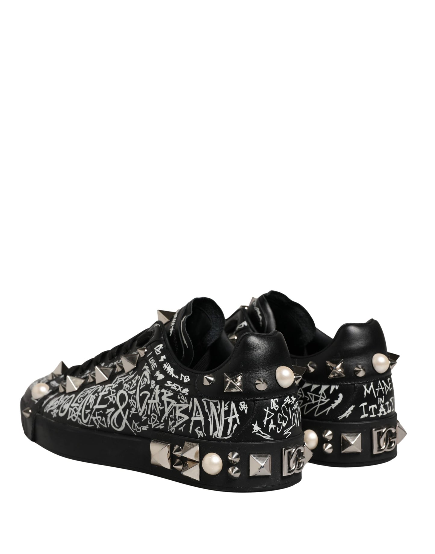 Dolce & Gabbana Black Portofino Graffiti Stud Sneakers Shoes
