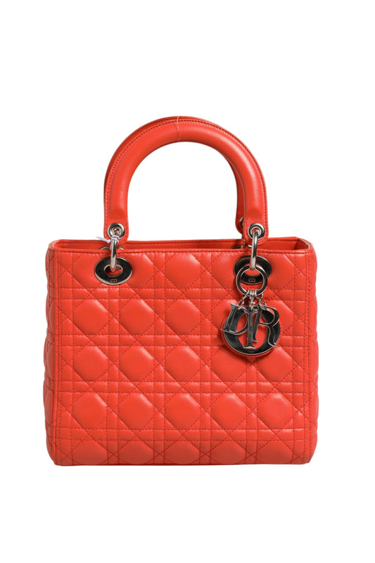 Christian Dior Orange Cannage Lambskin Leather Lady Dior Bag