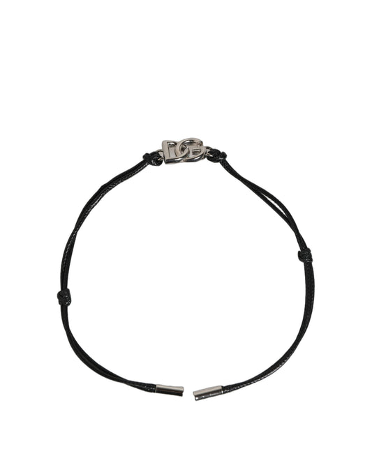 Dolce & Gabbana Black Polyester Cord Silver Tone DG Logo Charm Bracelet