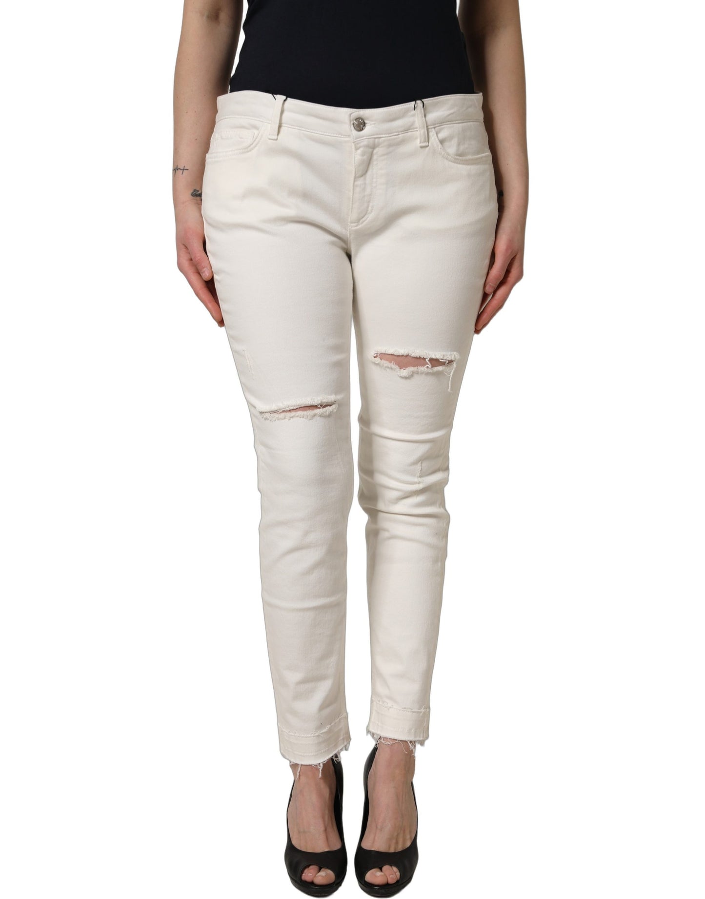 Dolce & Gabbana White Tattered Skinny Cotton Denim Jeans