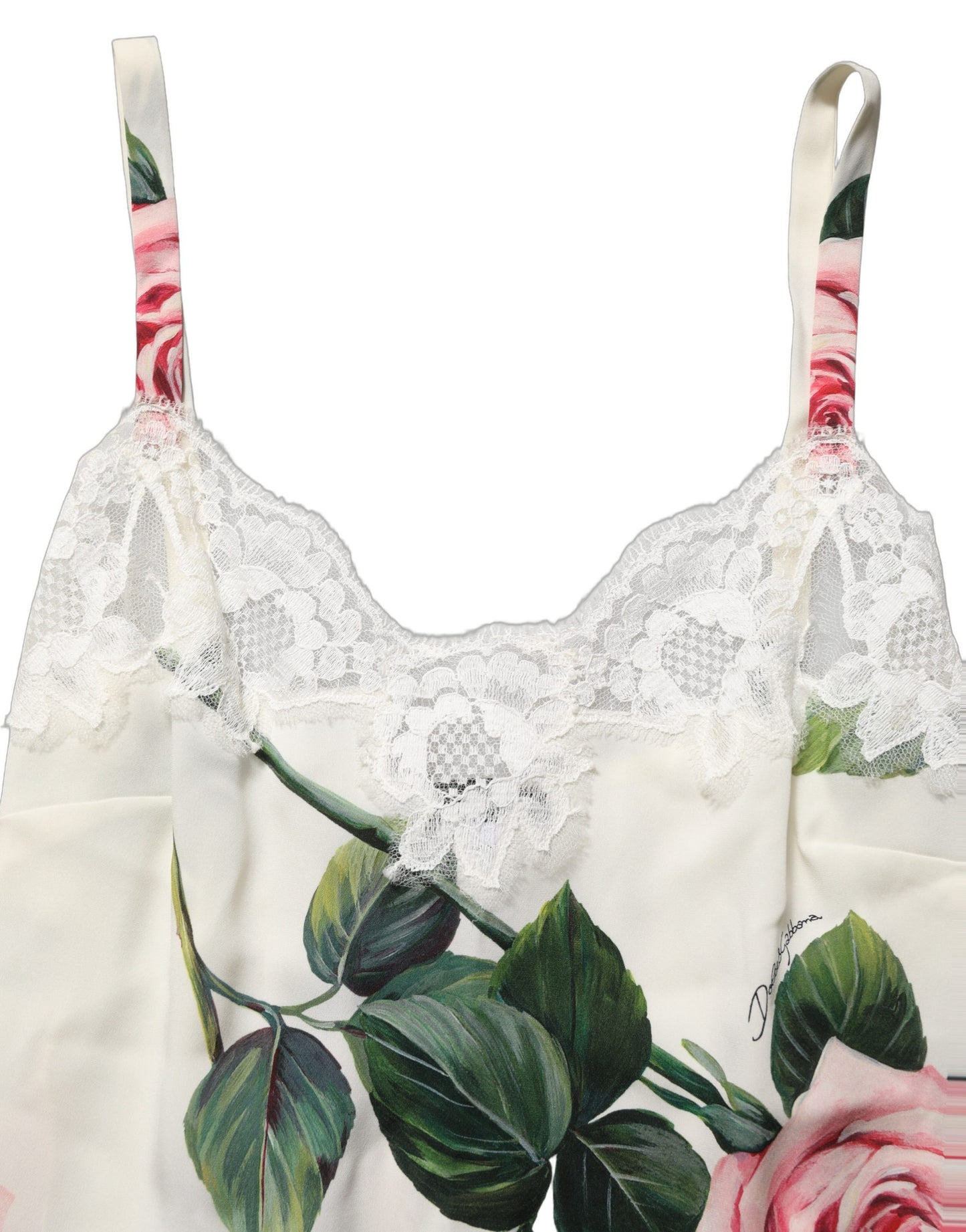 Dolce & Gabbana White Rose Print Lace Silk Camisole Tank Top