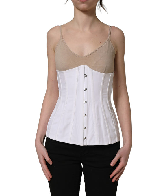 Dolce & Gabbana White Brown Cotton Sleeveless Corset Top