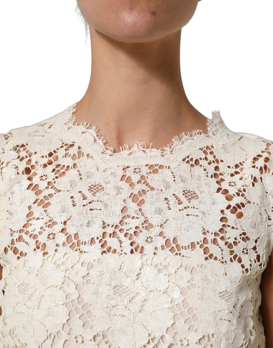 Dolce & Gabbana White Cotton Corded Lace Sleeveless Midi Dress