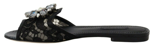 Dolce & Gabbana Black Taormina Lace Slides Crystals Flats Shoes