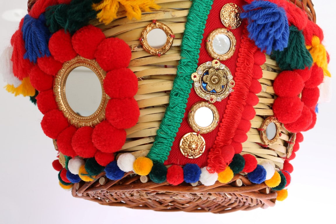 Dolce & Gabbana Multicolor AGNESE Straw Crystal  Pom Pom Bag