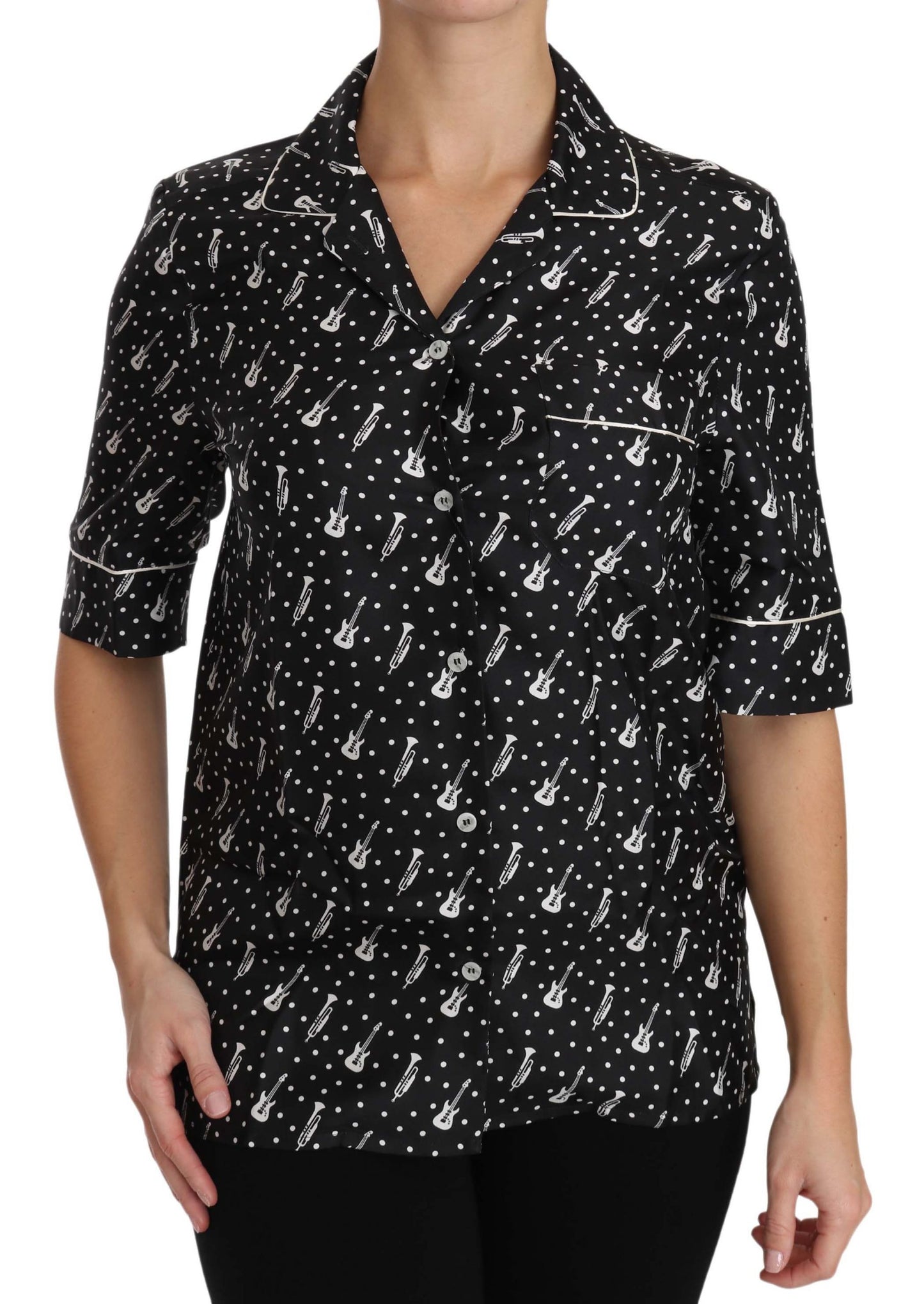 Dolce & Gabbana Black GuitarTrumpet Print Silk Shirt Top