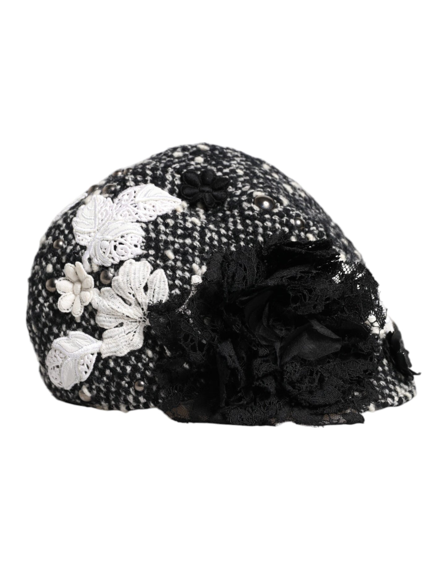 Dolce & Gabbana Black Wool White Floral Embellished Cloche Hat