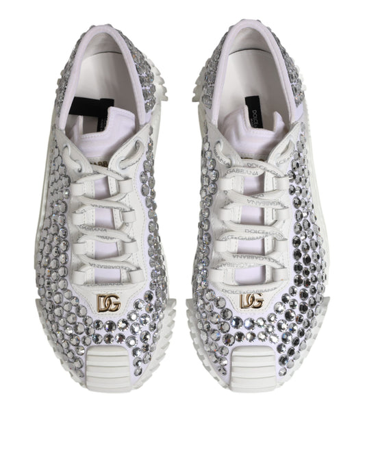 Dolce & Gabbana White NS1 Canvas Leather Embellished Sneakers Shoes