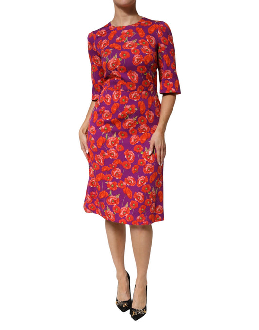 Dolce & Gabbana Purple Silk Floral Print Midi Sheath Dress