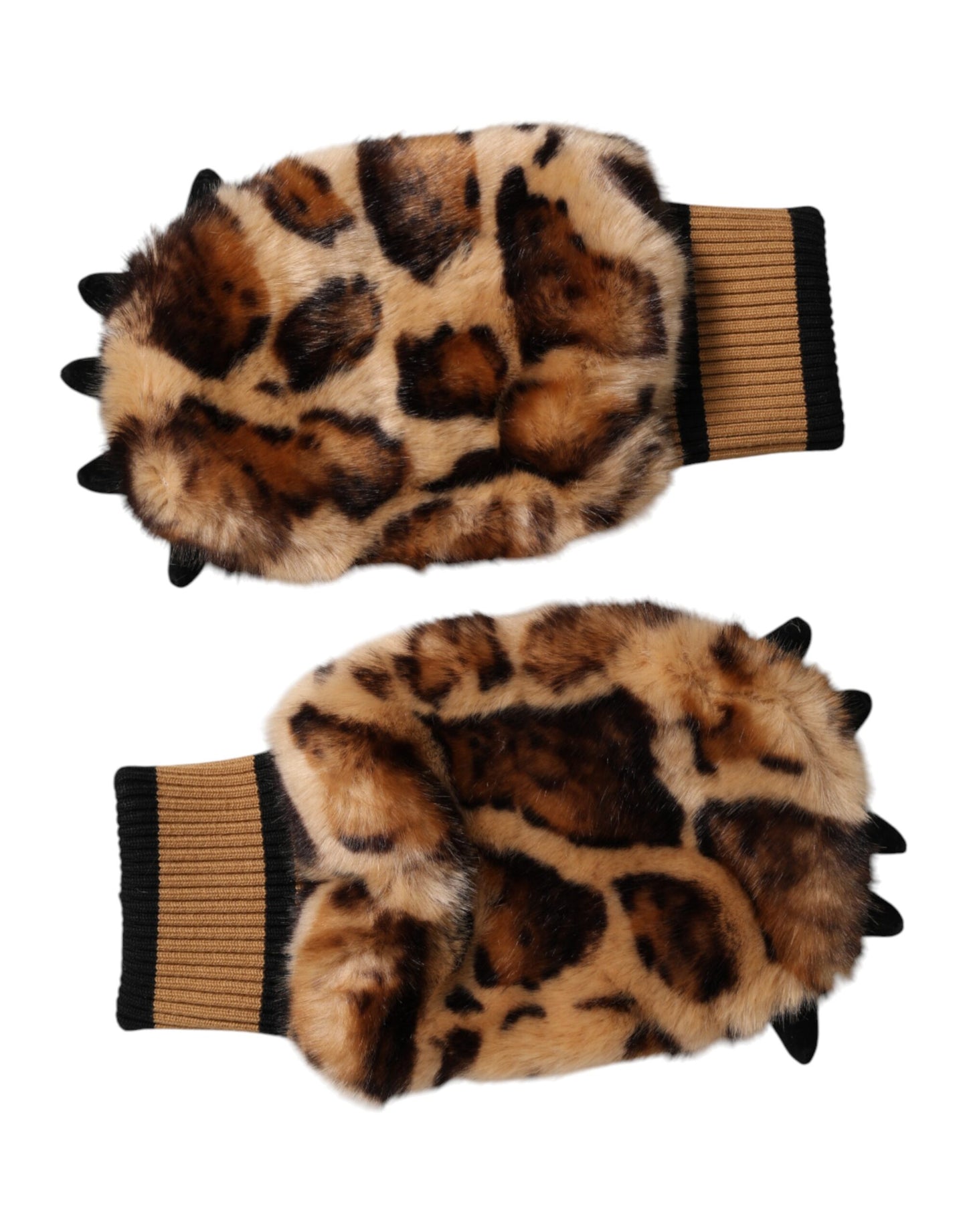 Dolce & Gabbana Brown Leopard Knitted Fur Wrist Mitten Gloves
