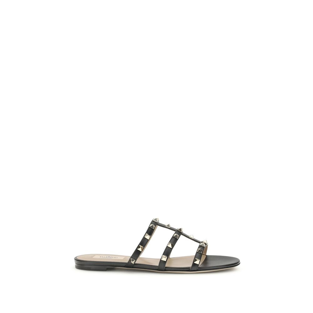 Valentino Garavani Black Calf Leather Bos Taurus Flat Sandals